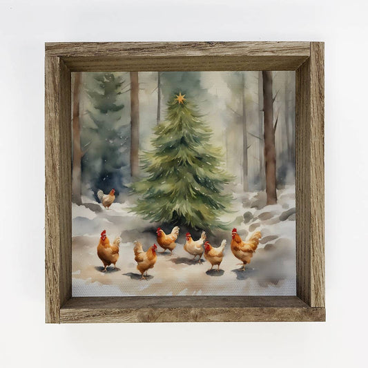 Chicken Christmas Tree - Wood Frame Canvas Art - Cute Animal