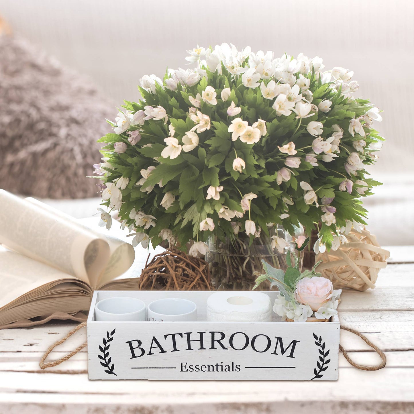 Bathroom Essentials Rustic Wood Storage Box,Farmhouse Style