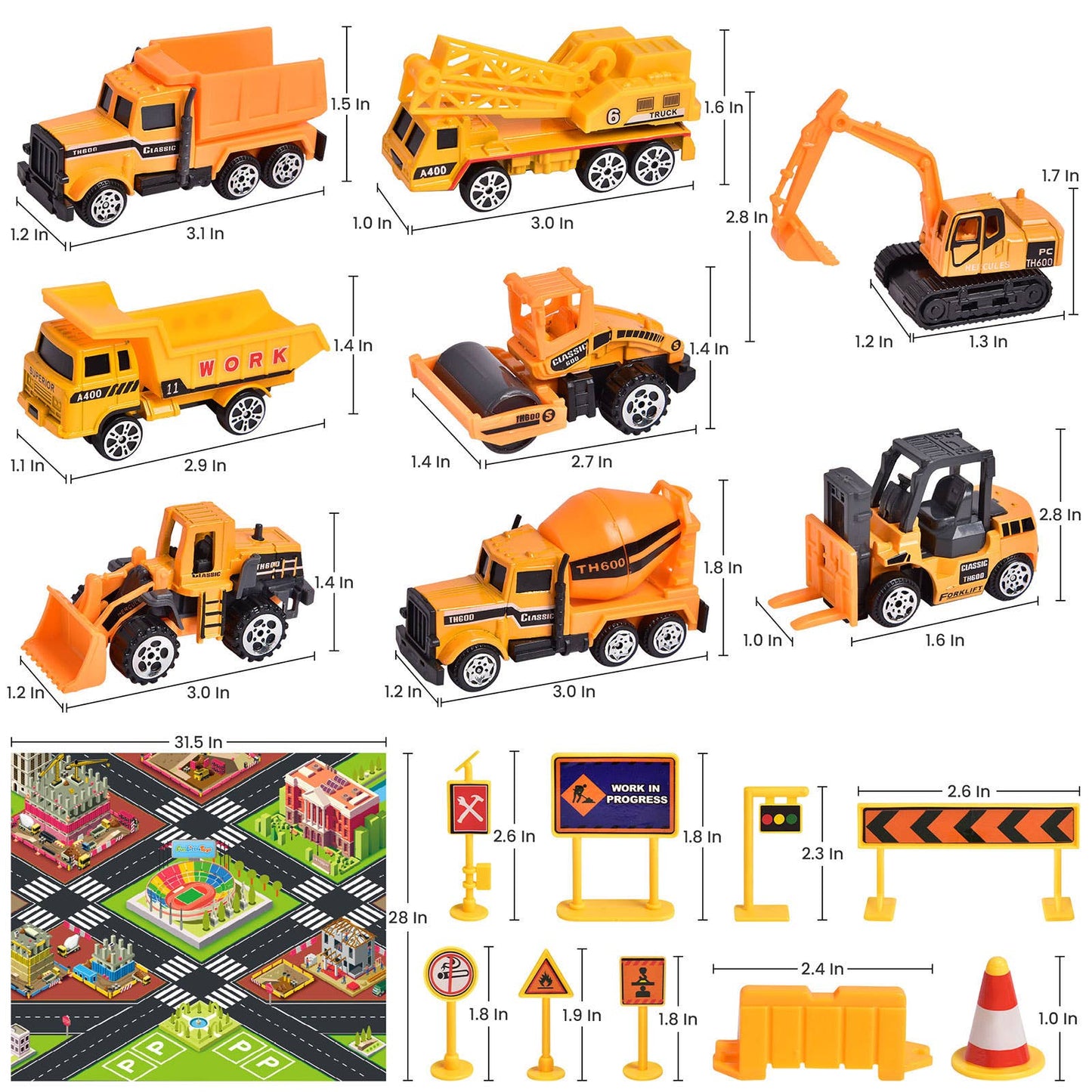 22 Pcs Construction Set: 8 Trucks & Play Mat