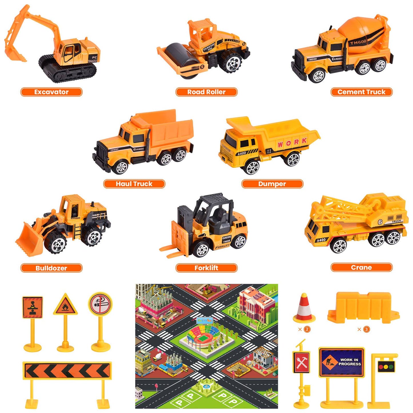 22 Pcs Construction Set: 8 Trucks & Play Mat