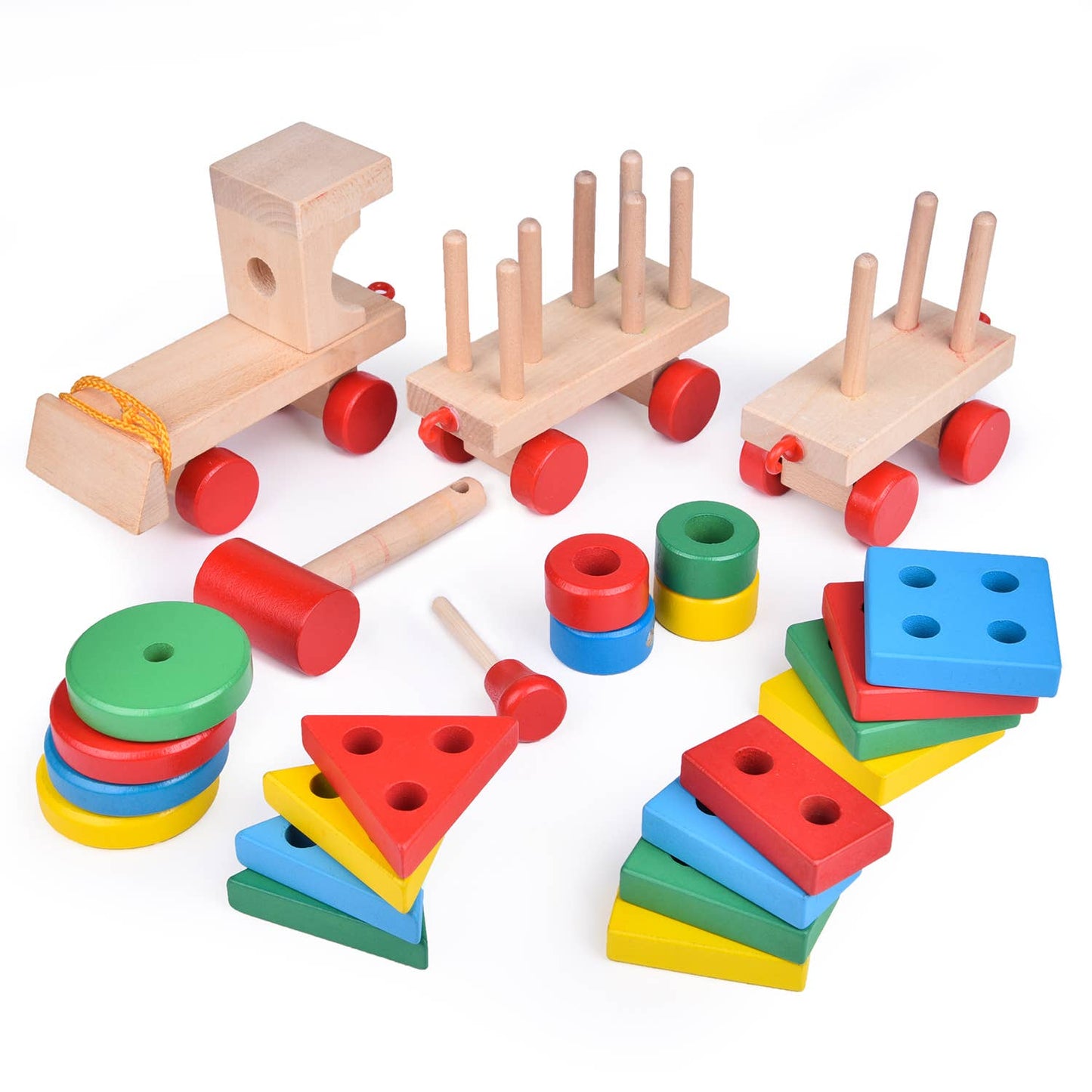 15.5 Inches Wooden Train Shape Sorter and Stacking Toys