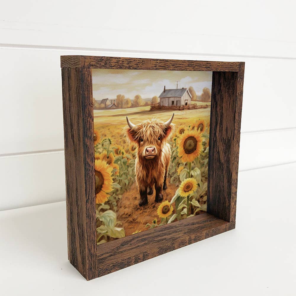 Baby Highland Cow Sunflower Farm - Wood Frame Canvas Art