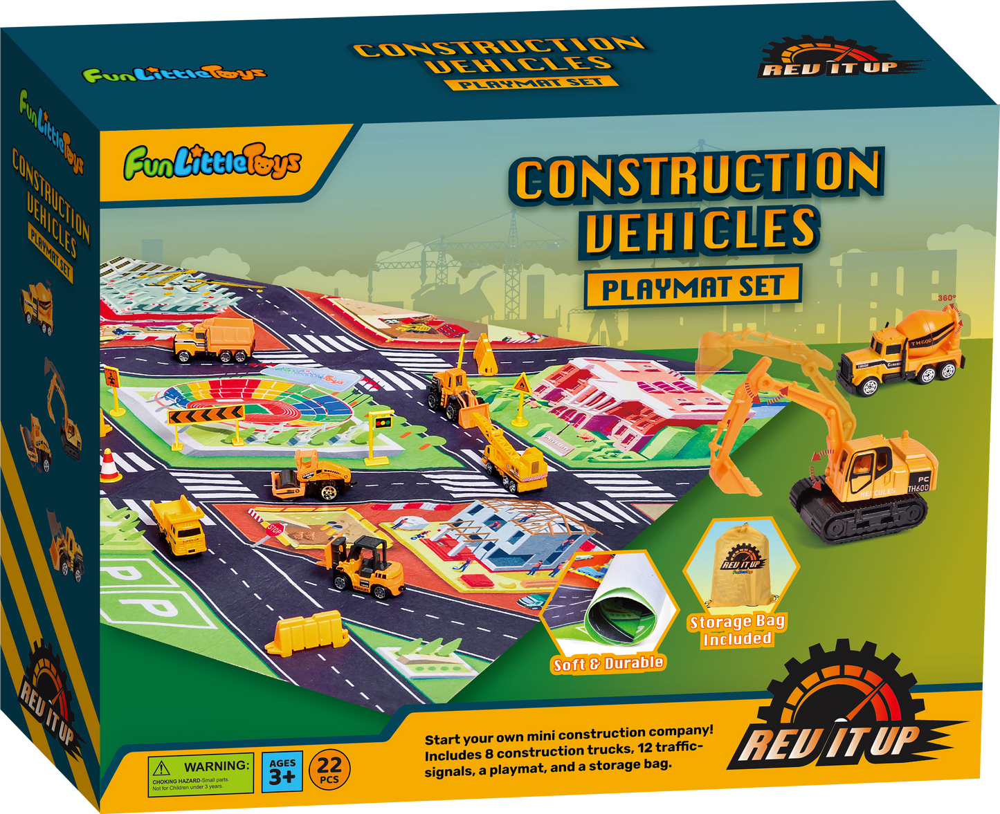 22 Pcs Construction Set: 8 Trucks & Play Mat