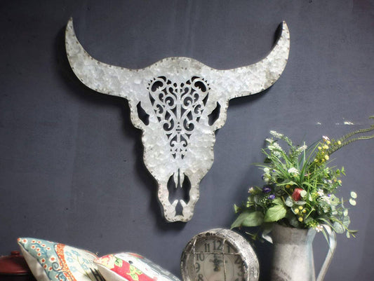 Diecut Galvanized Metal Bull Skull Wall Decor