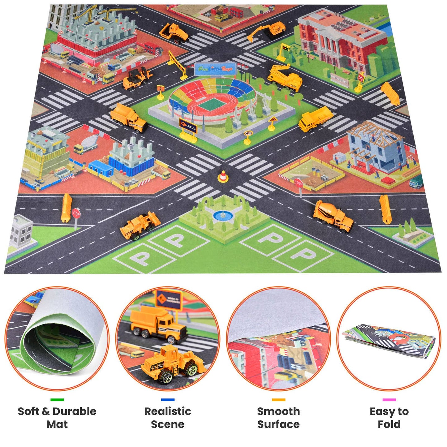 22 Pcs Construction Set: 8 Trucks & Play Mat