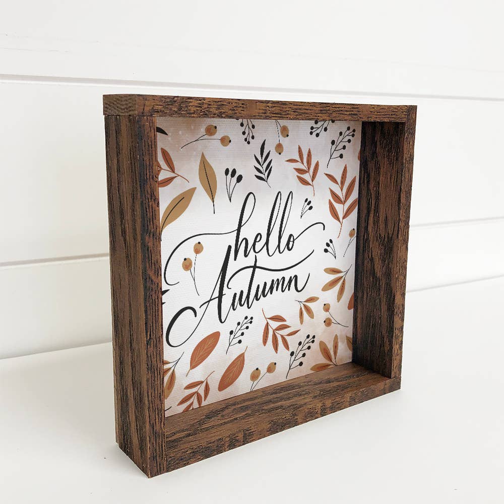 Hello Autumn Small Wood Sign with Walnut Frame