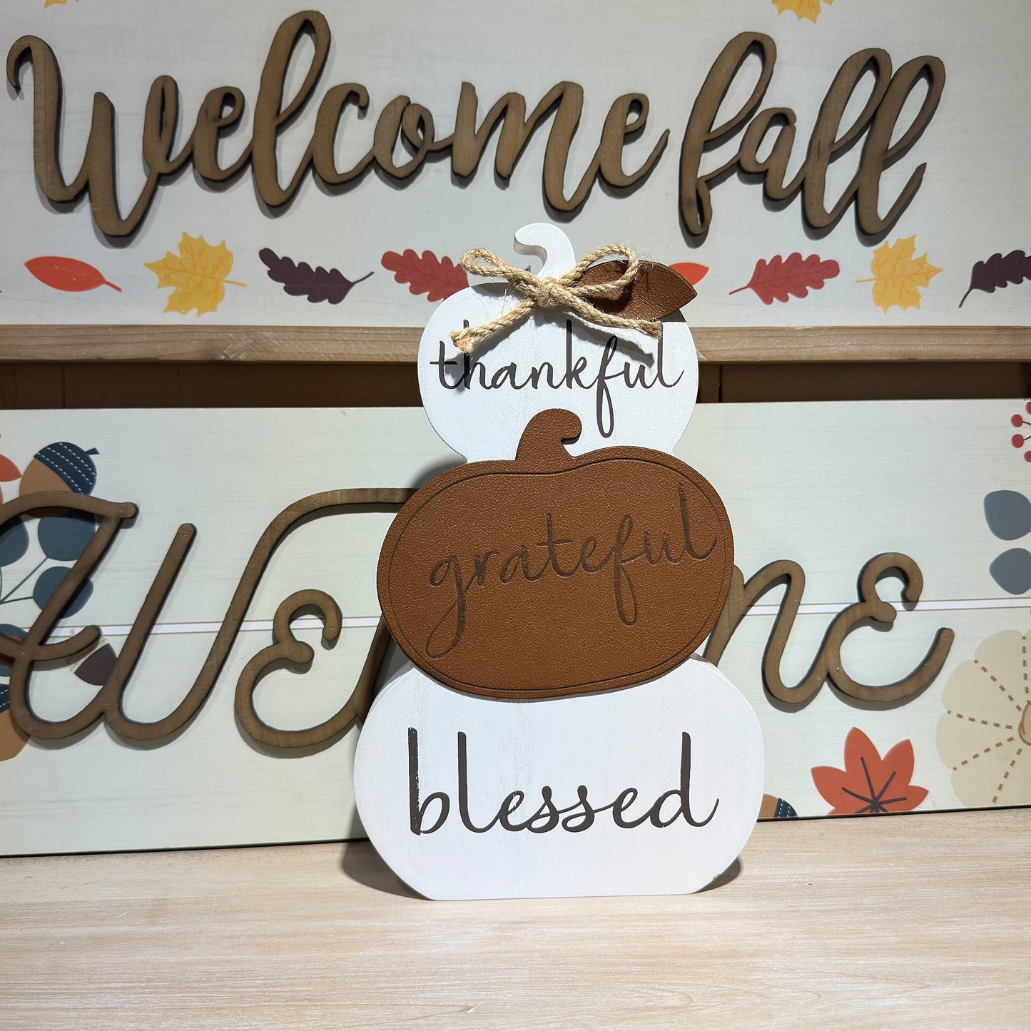 Thankful Grateful Blessed Wooden Pumpkin Tabletop Sign