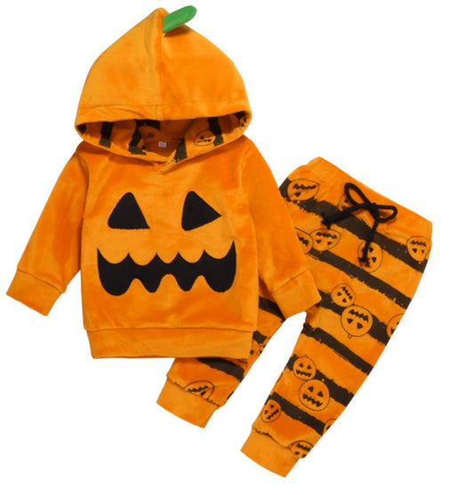 Orange Pumpkin Fleece Hoodie and Pants 2pcs Baby Outfit