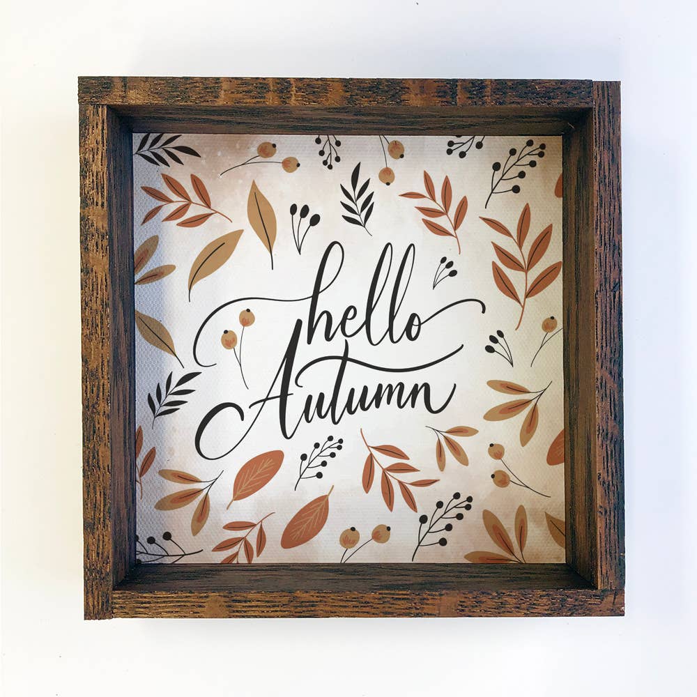 Hello Autumn Small Wood Sign with Walnut Frame