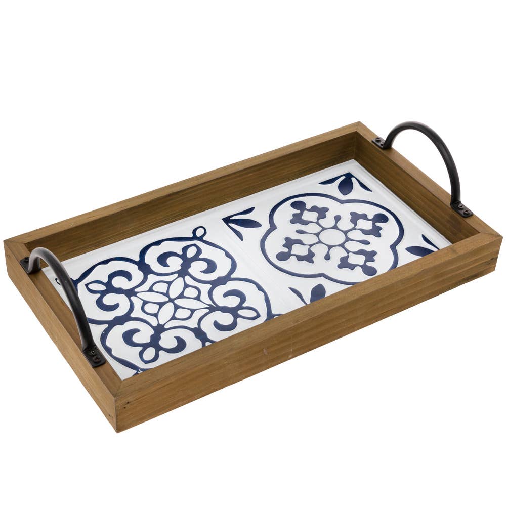 14.75" Long Framed Blue & White Metal and Wood Tray