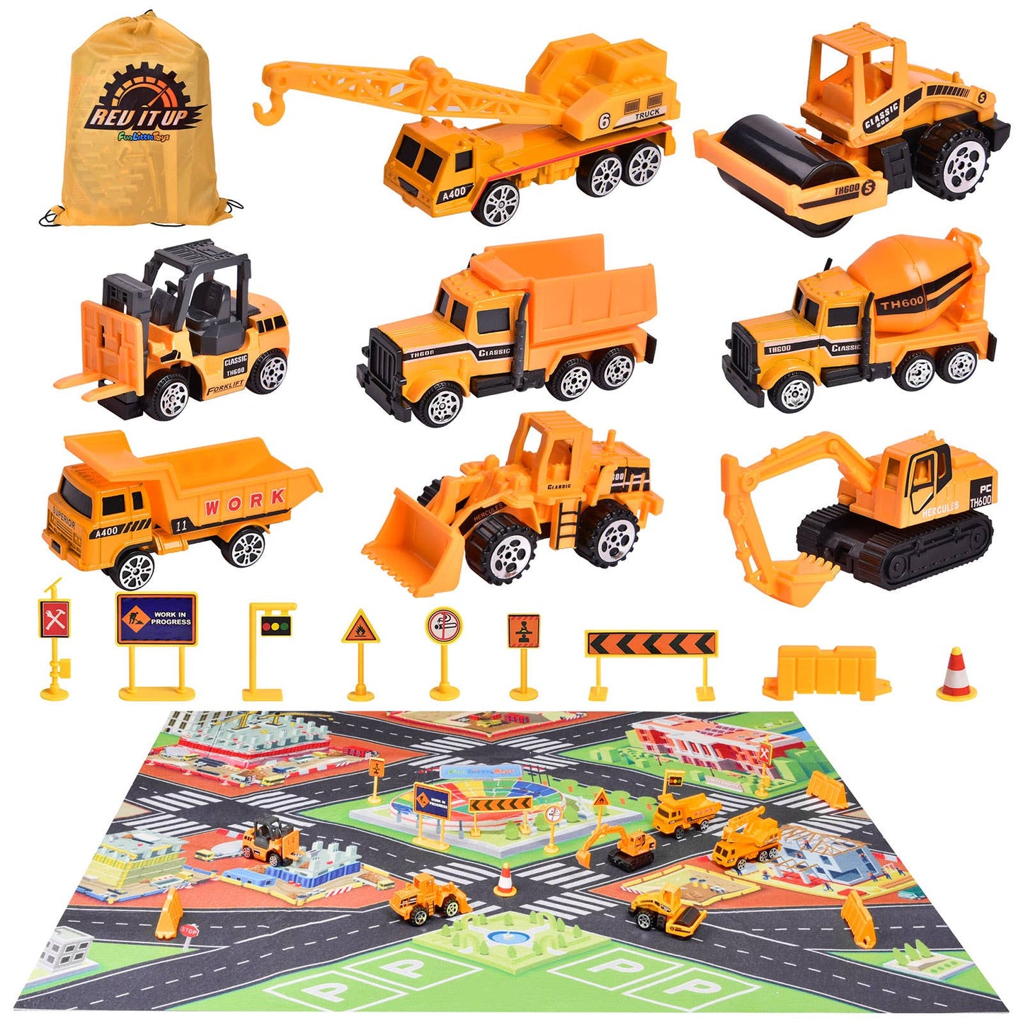 22 Pcs Construction Set: 8 Trucks & Play Mat